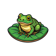 Vector illustration of a small green frog sitting on a floating lily pad.