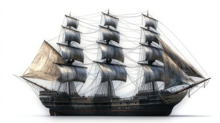 A majestic 3D model of a vintage sailing ship with full sails deployed. Ideal for historical visualizations, maritime scenes, or game assets.