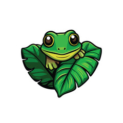 A cartoon vector illustration of a small green frog peeking out from behind two large green leaves.