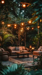 Cozy Outdoor Living Space with Warm Lighting and Lush Greenery