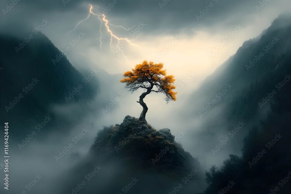 Poster solitary gnarly tree illuminated by the violent flash of a jagged lightning bolt stark and intense c