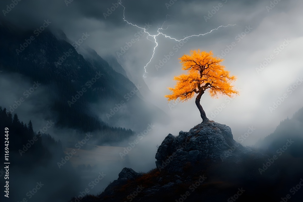 Poster lone twisted tree illuminated by the violent flash of a jagged lightning bolt in a remote misty moun