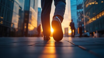 Person Walking on City Street During Sunset with Urban Background
