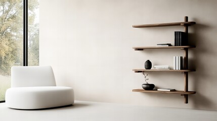 Obraz premium Modern minimalist living room with a white armchair and a wooden shelving unit. Neutral colors and clean lines create a serene atmosphere.