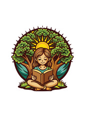 A young girl sits cross-legged under a large tree, reading a book, with the sun shining above her.