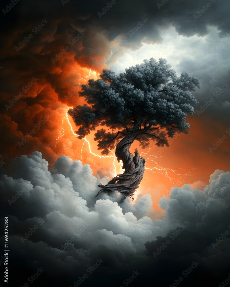 Poster towering oak tree convulsed by a powerful lightning strike its once proud trunk split asunder by the