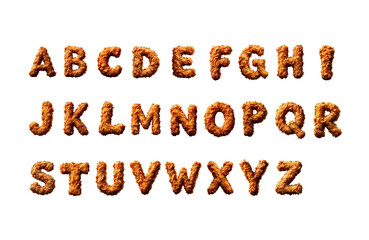 Naklejka premium Made of Fried Chicken Alphabet Letters formed with crispy fried chicken pieces, golden and delicious. Savory and tempting, white background.