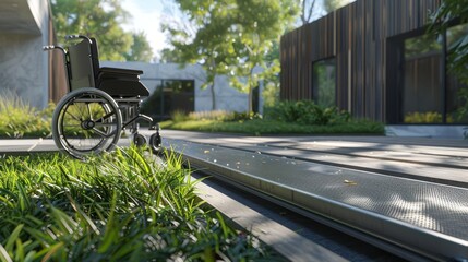 Person in wheelchair navigating accessible ramp from grass to sleek wooden deck under clear sky