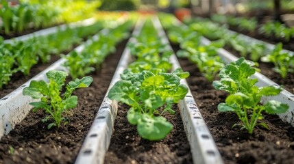 Rows of young leafy greens growing in raised garden beds.
