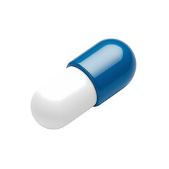 A 3D render of a cartoon style, minimalist design of a white pill with a blue capsule. The pill is isolated on a transparent background. 