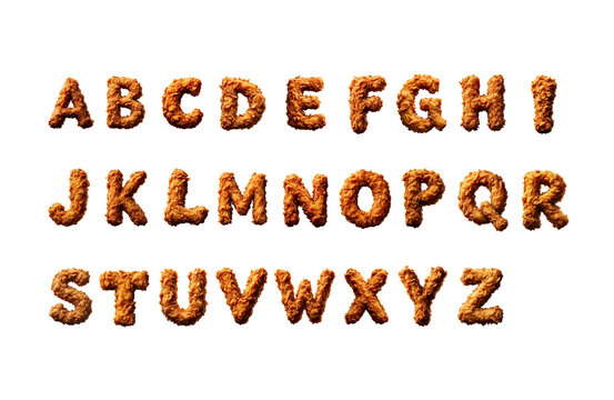 Made of Fried Chicken Alphabet Letters formed with crispy fried chicken pieces, golden and delicious. Savory and tempting, white background.