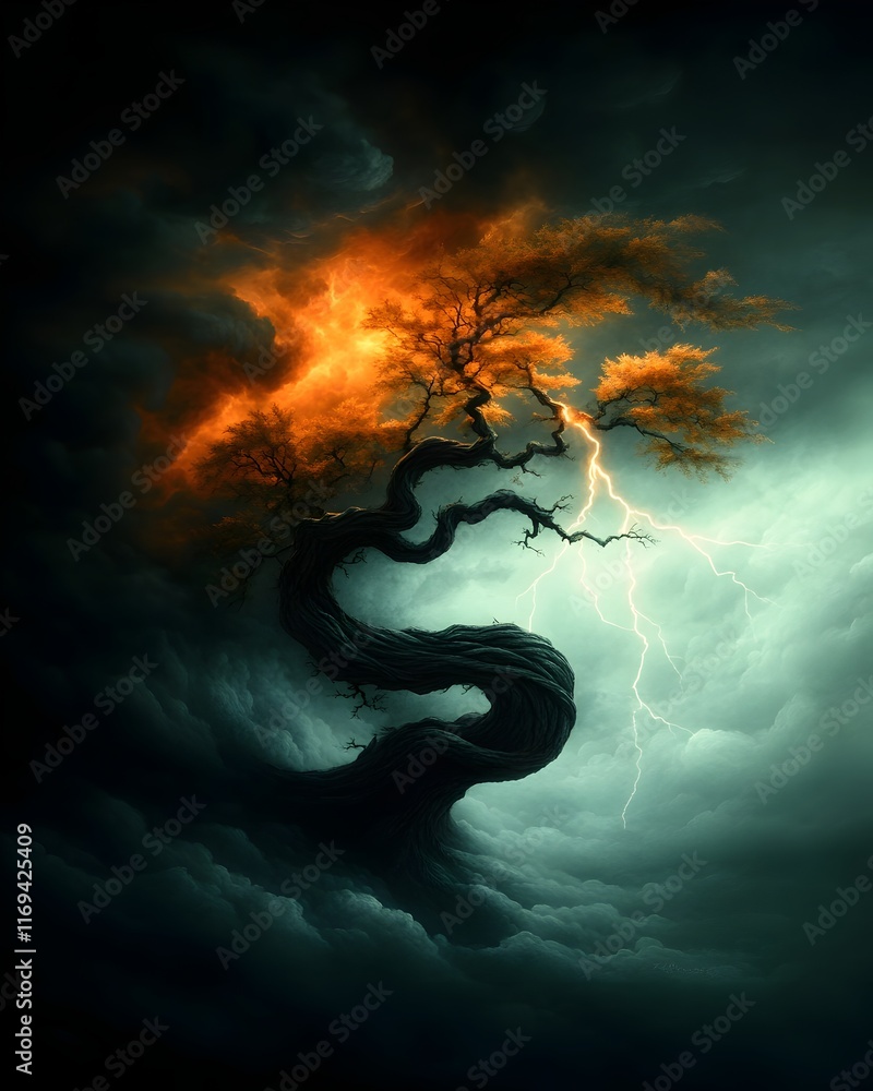 Poster majestic towering oak tree silhouette with twisted reaching branches casting dramatic shadows as a p