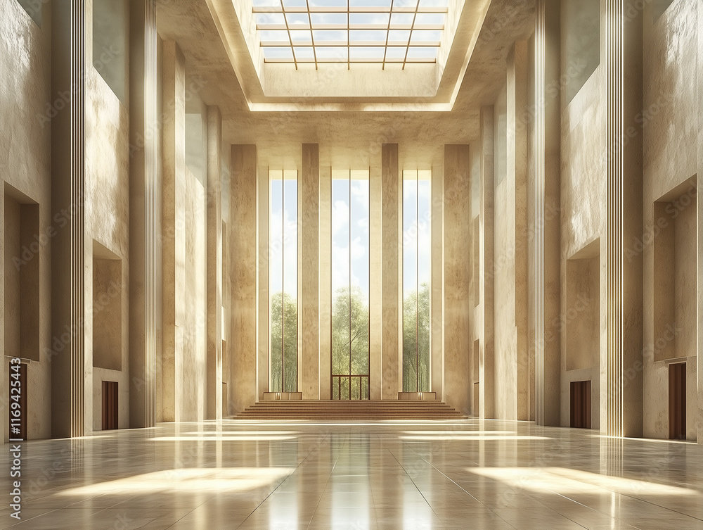 Poster a spacious, modern concrete hall with numerous columns and large, luminous windows provides a striki