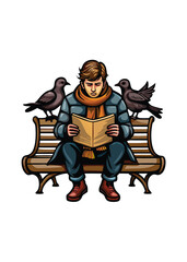 A young man sits on a park bench reading a newspaper, with two pigeons perched on the bench beside him.