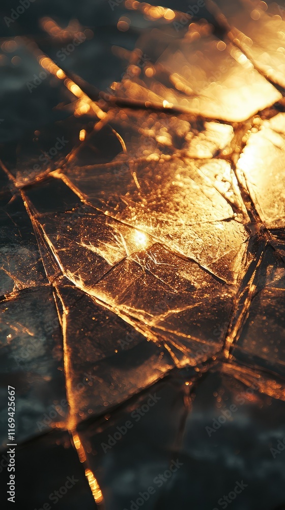 Poster glimmering fractured surface with intricate golden lines and light