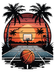 A basketball court with palm trees and a basketball at sunset, retro color tone.
