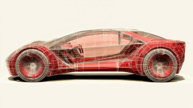Red sports car concept with visible wireframe displayed on a light beige background. Ideal for automotive design, futuristic presentations, and technology showcases.