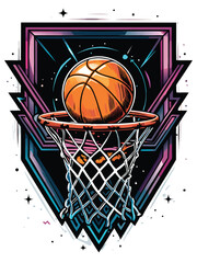 A glowing neon basketball hoop with a basketball going through the net.
