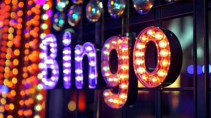 Vibrant bingo night at local community center with colorful lights and enthusiastic players enjoying the fun