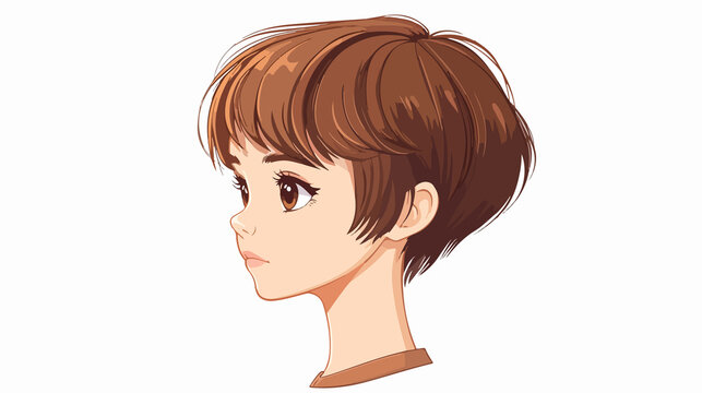 Cute anime character with super short brown pixie cut hairstyle for digital design