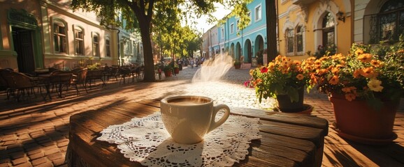 A cup of coffee rests on a lace-covered table in a charming outdoor cafe. Surrounding colorful...