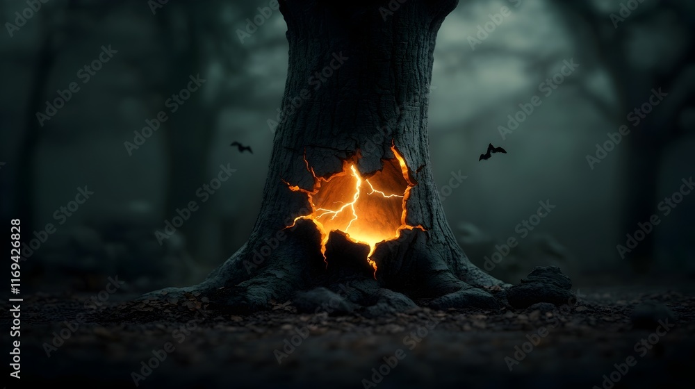 Aufkleber ghostly glowing tree trunk fractured by a powerful lightning bolt twisting and contorted peeled bark