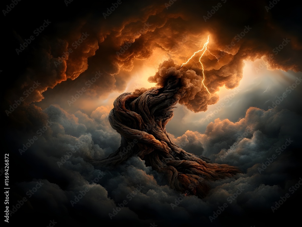 Poster gnarled ancient tree trunk twisted and scarred by a powerful lightning strike jagged fractures split