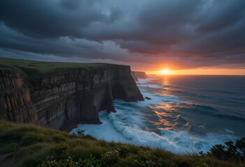 A dramatic coastal cliff during a stormy sunset with crashing waves