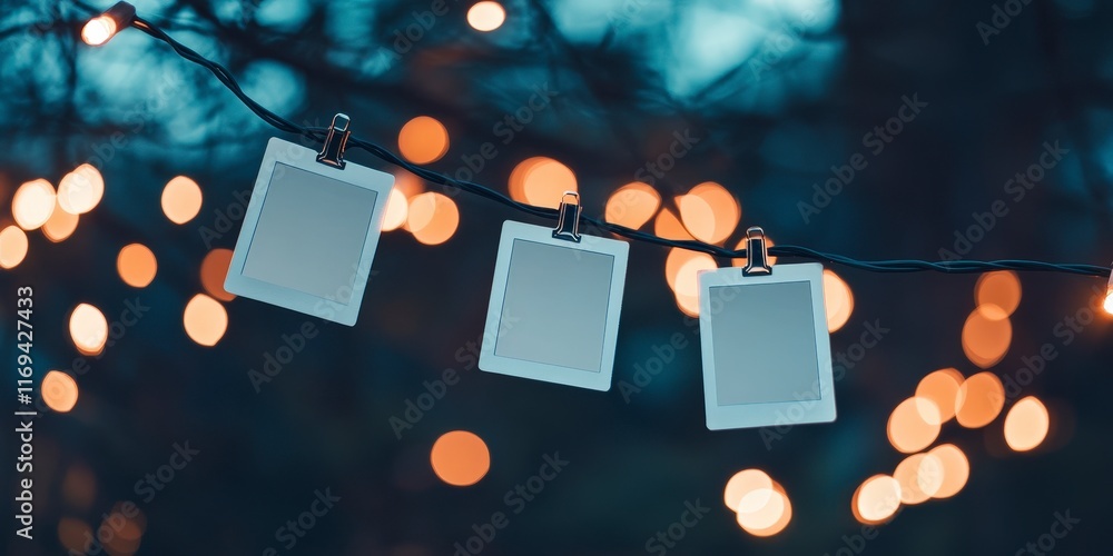 Poster Empty Photo Frames Hanging on String Lights with Soft Bokeh Background