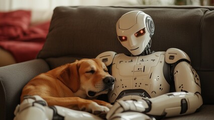 Isolated view of a humanoid robot caring for a pet dog, sitting on a sofa and the dog 