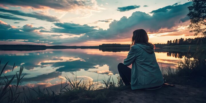 young woman sitting alone on hill field
