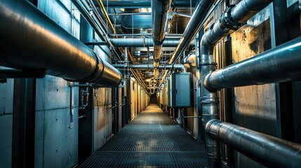 Industrial Corridor with Metal Pipes and Machinery in Background