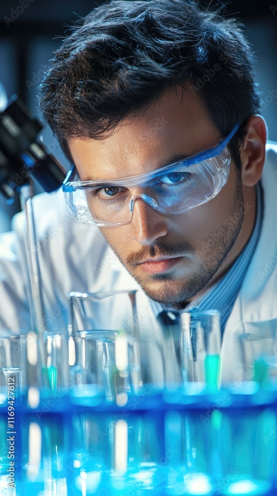 Poster focused scientist conducting experiments in modern laboratory setting