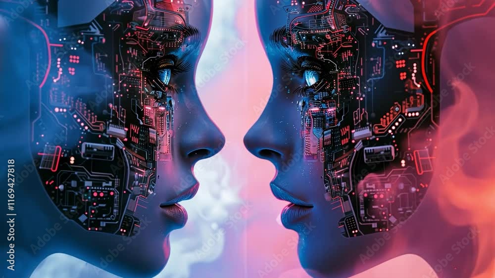 Poster Two human-like figures with intricate circuit patterns on their faces express an emotional connection, surrounded by glowing elements.