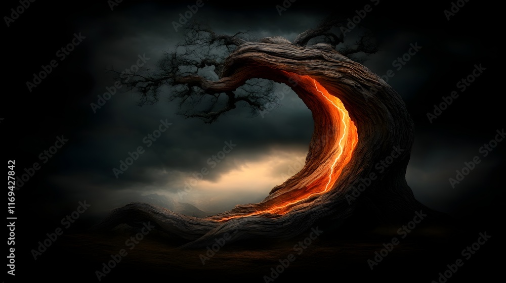 Poster majestic weathered and twisted ancient oak tree trunk dramatically split open by the incredible forc
