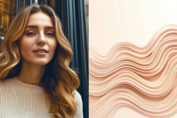 Fototapeta premium Young caucasian female with wavy hair and abstract cream waves design