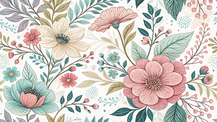 Vintage Floral Pattern with Pastel Flowers and Leaves	
