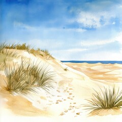 Dunes watercolor illustration of golden sands against a tranquil sky. Evokes solitude, resilience, and the vastness of nature.