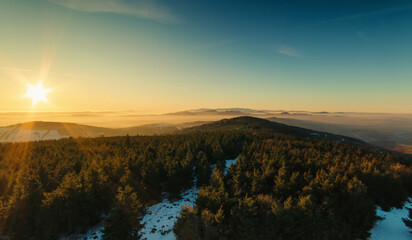 sunset in the Owl Mountains, view of the Ślęża massif, Lower Silesia, Poland.