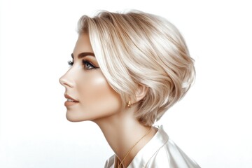 Obraz premium Portrait of young caucasian female with blonde bob hairstyle