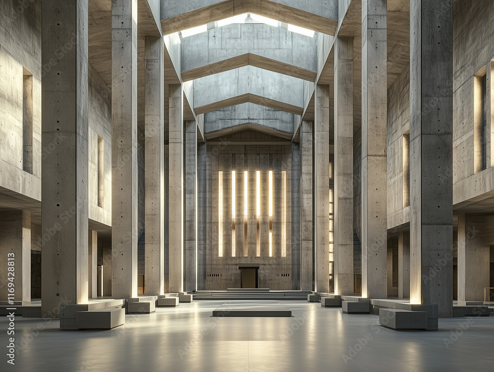 Poster a spacious, modern concrete hall with numerous columns and large, luminous windows provides a striki