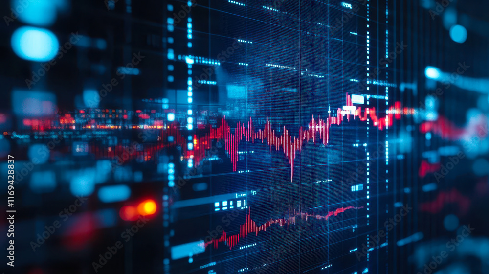 Poster dynamic digital forex trading chart with technical analysis and data visualization in futuristic blu