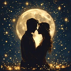 A romantic silhouette of a couple embracing under a full moon and starry sky, symbolizing love, connection, and dreams, perfect for valentines day or anniversary cards