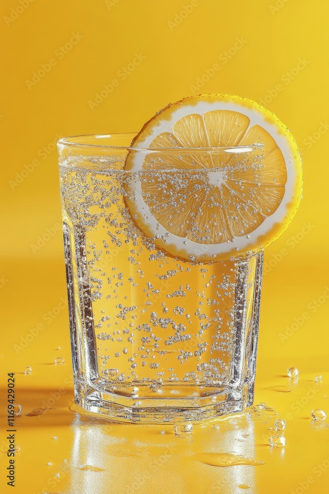 Poster refreshing lemonade with ice and lemon slice on vibrant yellow backdrop