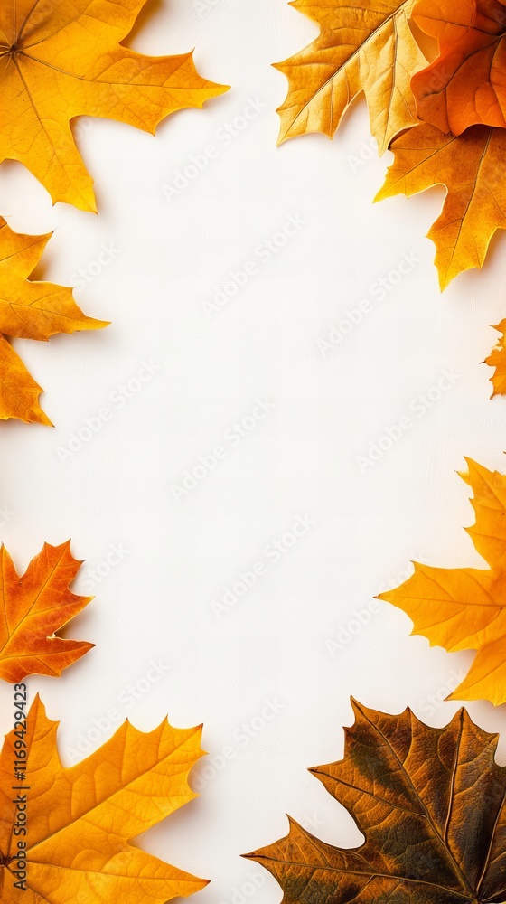 Poster autumn leaves arranged in a frame against a white background. the vibrant oranges and browns of the 