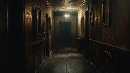 Fototapeta premium Dark Haunted Hallway with Vintage Decor and Dim Lighting Details