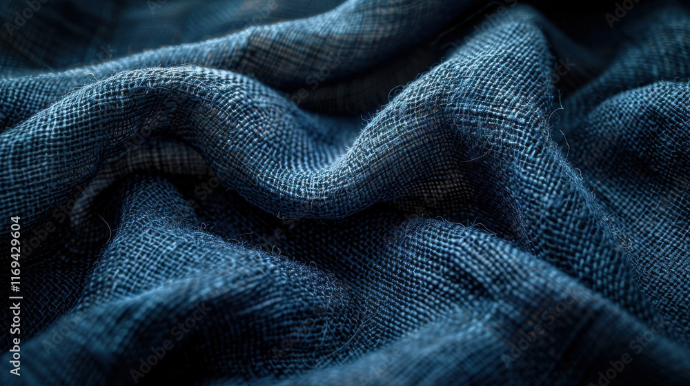 Poster Blue Linen Fabric Texture Close-Up with Natural Wrinkles and Weave Patterns Capturing Detailed Textile Background Ideal for Design and Fashion Concepts