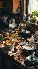 Messy kitchen full of dirty dishes and scattered food items