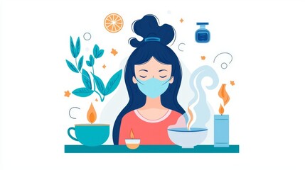 A serene woman enjoying relaxation with aromatic elements.