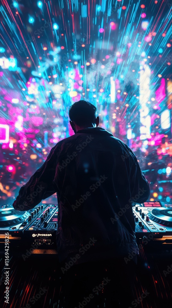 Poster dynamic dj performance with colorful lights and visual effects